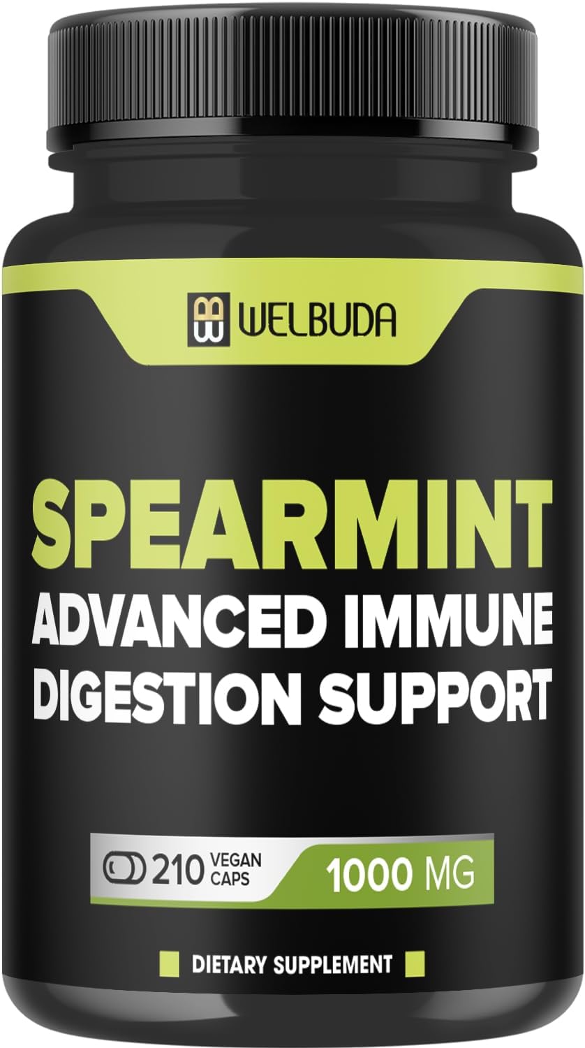 210 Capsules of WELBUDA Spearmint Supplement with Olive Leaf, Ginger Root, Black Pepper - Promotes Digestion, Respiratory Health, Immunity, Positive Mood