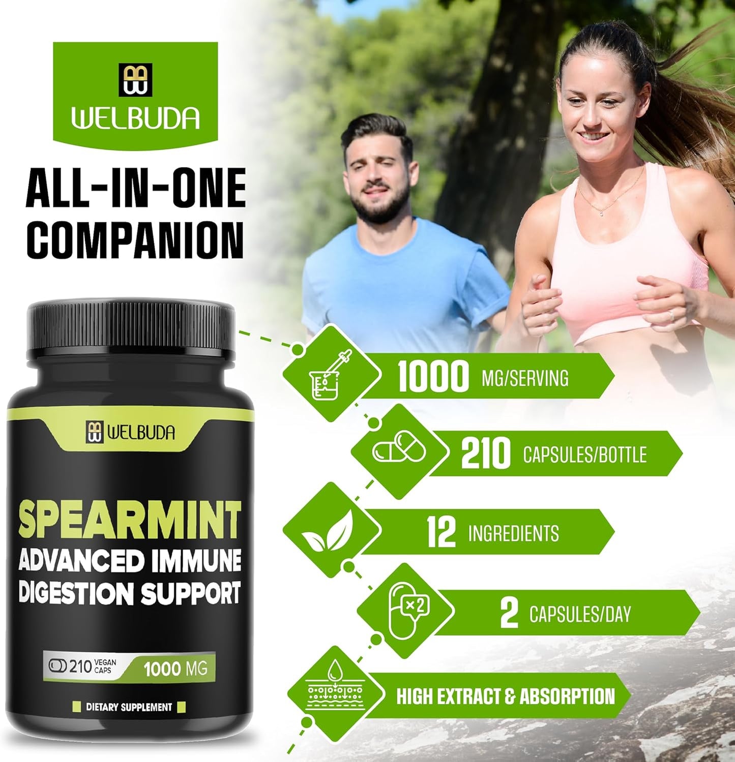 210 Capsules of WELBUDA Spearmint Supplement with Olive Leaf, Ginger Root, Black Pepper - Promotes Digestion, Respiratory Health, Immunity, Positive Mood