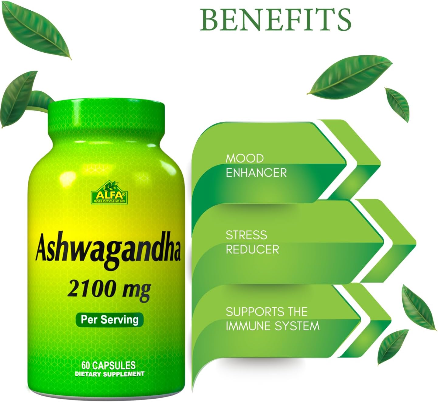 2,100 mg Ashwagandha Capsules - Pure Ashwagandha Powder & Root Extract - Immune Support, Stress Relief, Mood Enhancement - 60 Count