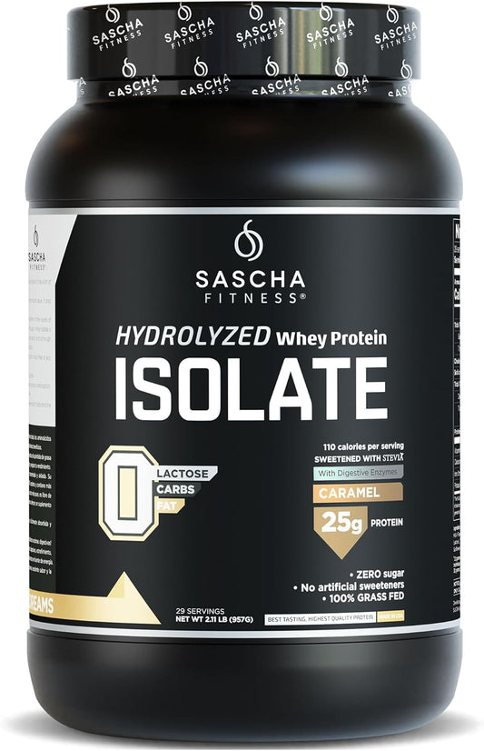 2.11 lbs Grass-Fed Hydrolyzed Whey Protein Isolate Powder - Caramel Flavor by SASCHA FITNESS