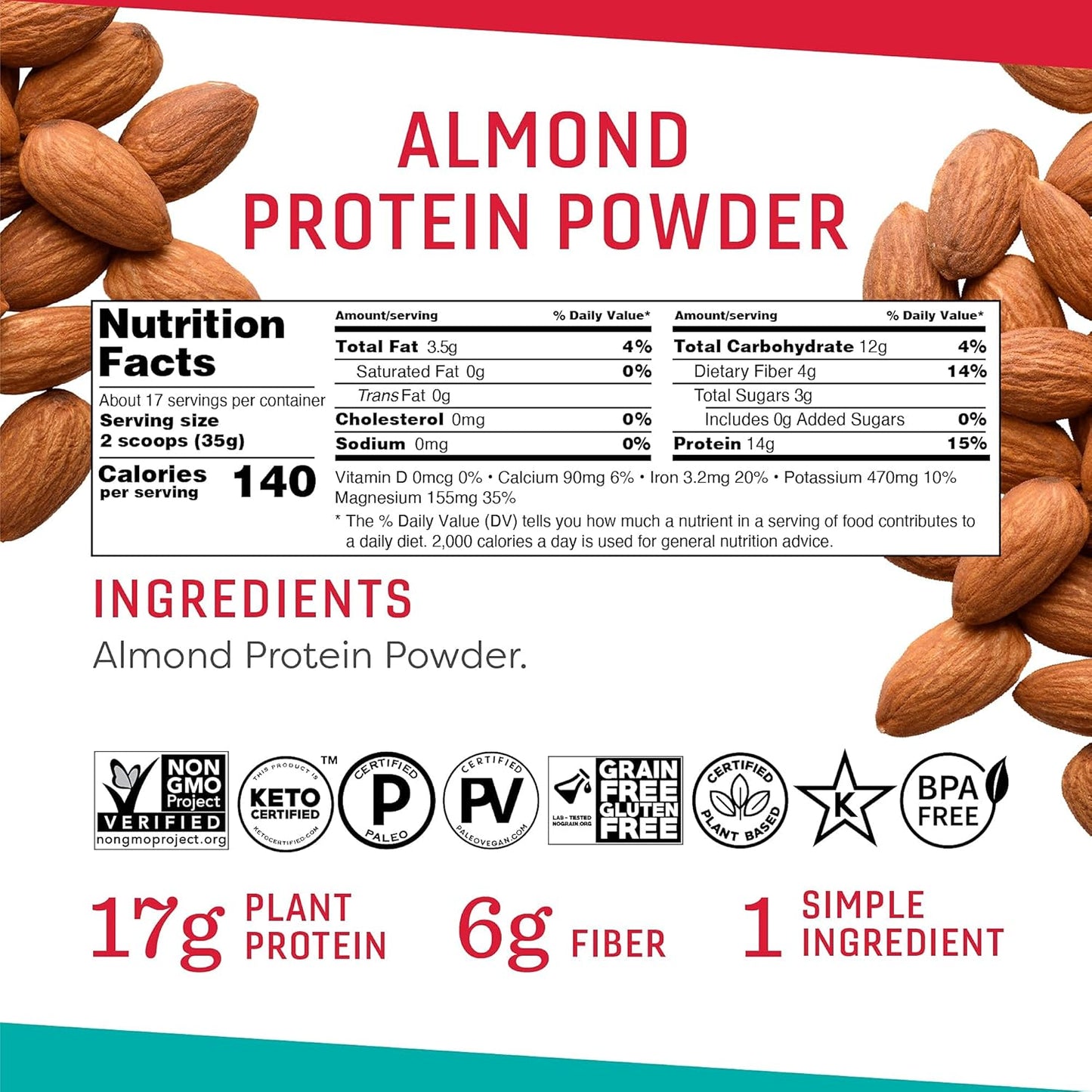 21oz OCTONUTS Almond Protein Powder - California Almonds, 17g Plant Protein, Keto & Paleo Friendly, Vegan & Gluten Free - 17 Servings