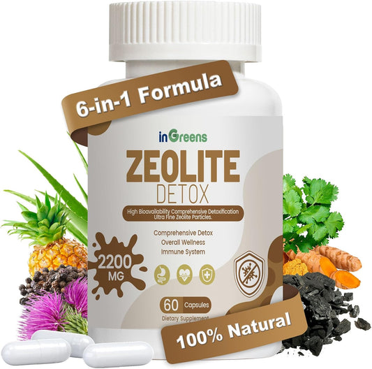 2200 MG Zeolite Detox Capsules with Activated Charcoal & Clay - Full Body Cleanse for Heavy Metal Detox - Supports Gut Health - Milk Thistle, Prebiotic - 60 Capsules
