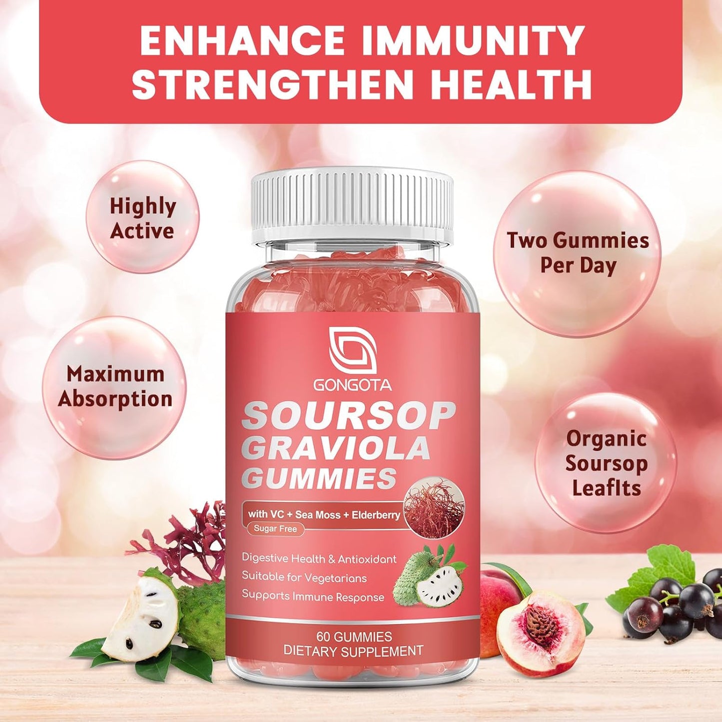 2200mg GONGOTA Soursop Graviola Gummies with Elderberry, Sea Moss & Zinc - Digestive, Immune & Antioxidant Support - Vegan, Gluten Free - 60 Gummies
