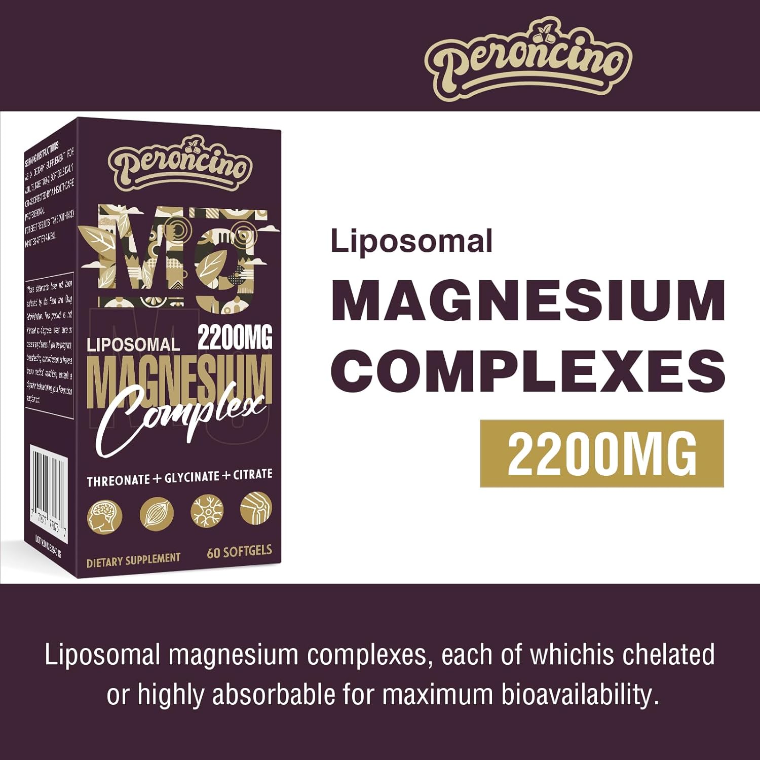 2200MG Liposomal Magnesium Complex Softgels - Threonate, Glycinate, Citrate - 3-in-1 Supplement - Gluten Free - 120 Count (2 Pack)