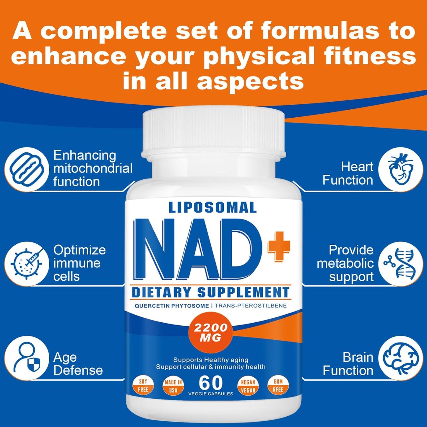 2200mg Liposomal NAD+ Supplement for Cellular Energy & Aging Defense - 120 Capsules