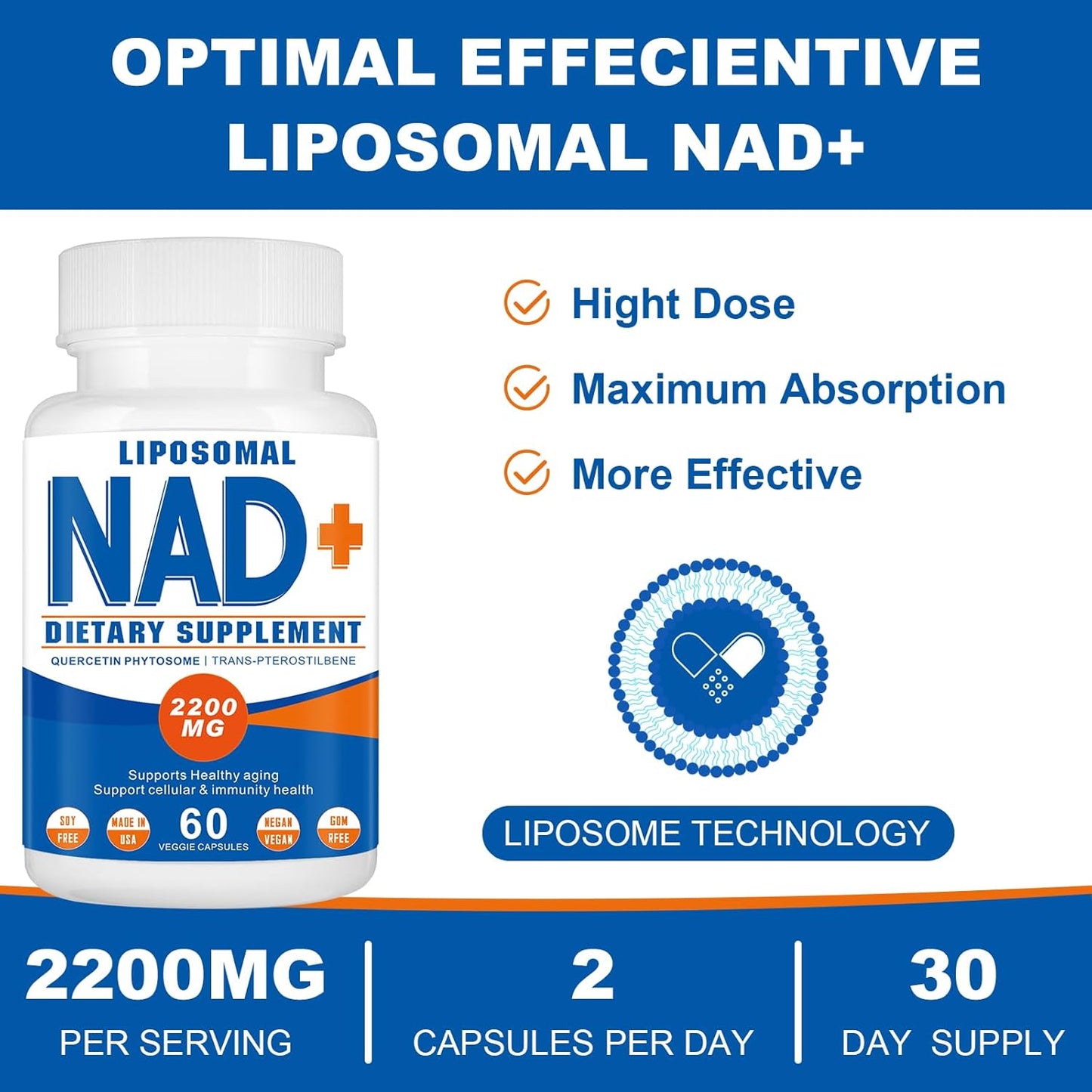 2200mg Liposomal NAD+ Supplement for Cellular Energy & Aging Defense - 180 Capsules