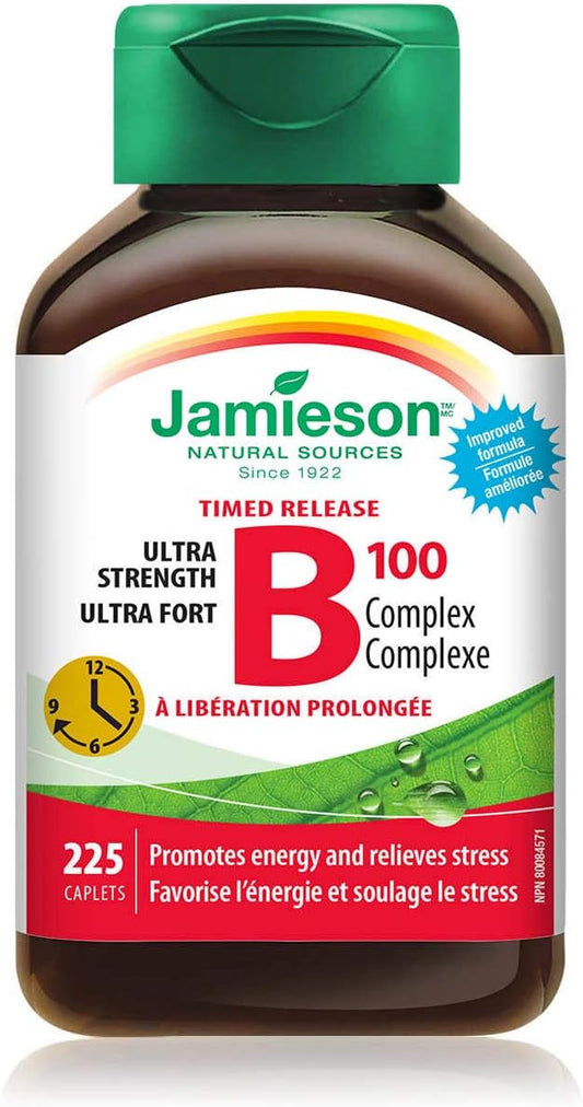 225 Caplets of Jamieson Timed Release B100 Complex - High Potency Vitamin B Supplement for Energy and Metabolism Boost