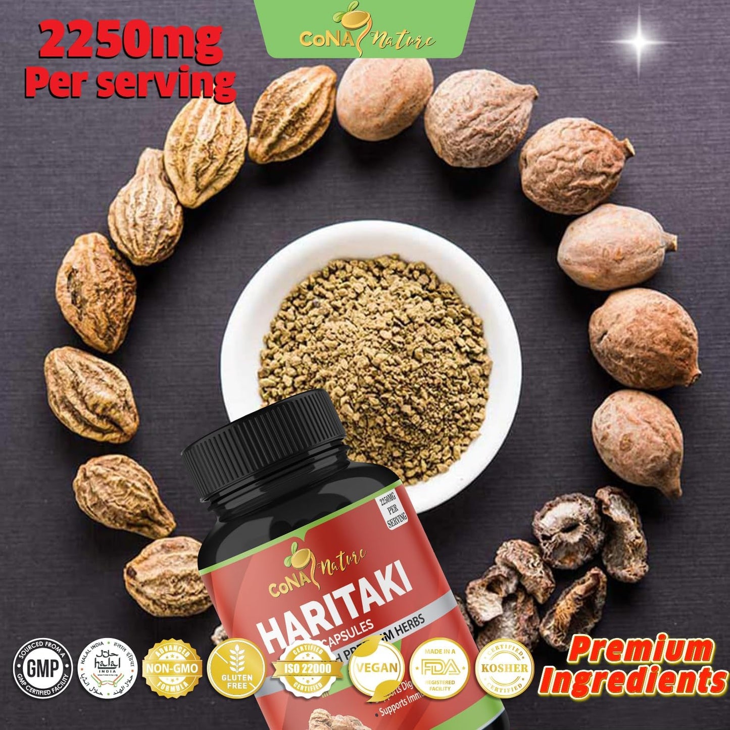 2250MG Cona Nature Organic India Haritaki Capsules for Rejuvenation and Digestive Health - 120 Count Vegan Gluten-Free Supplement