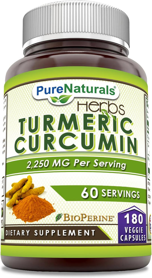 2250mg Pure Naturals Turmeric Curcumin with Bioperine Supplement - 180 Veggie Capsules - Non-GMO & Gluten Free - Made in USA