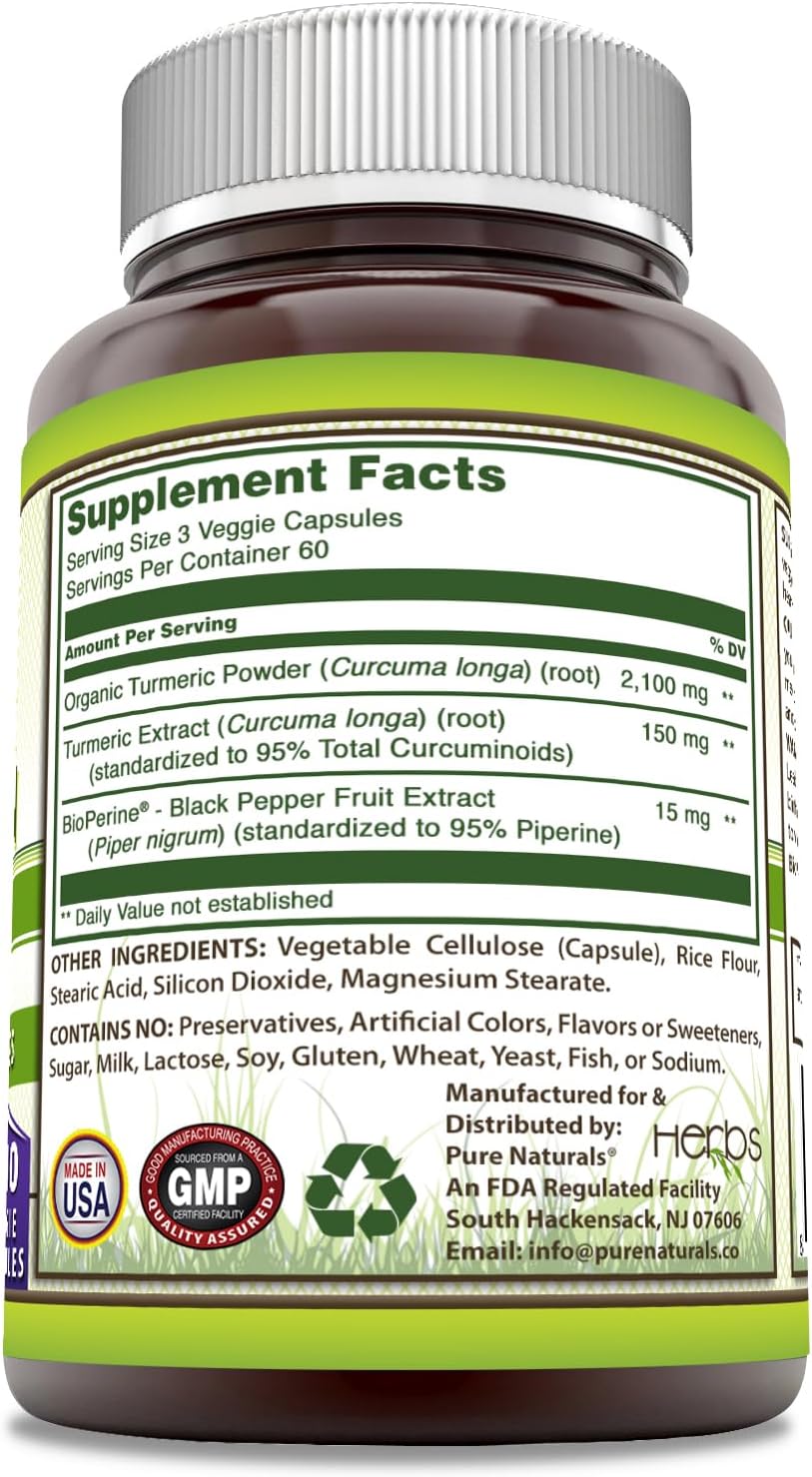 2250mg Pure Naturals Turmeric Curcumin with Bioperine Supplement - 180 Veggie Capsules - Non-GMO & Gluten Free - Made in USA