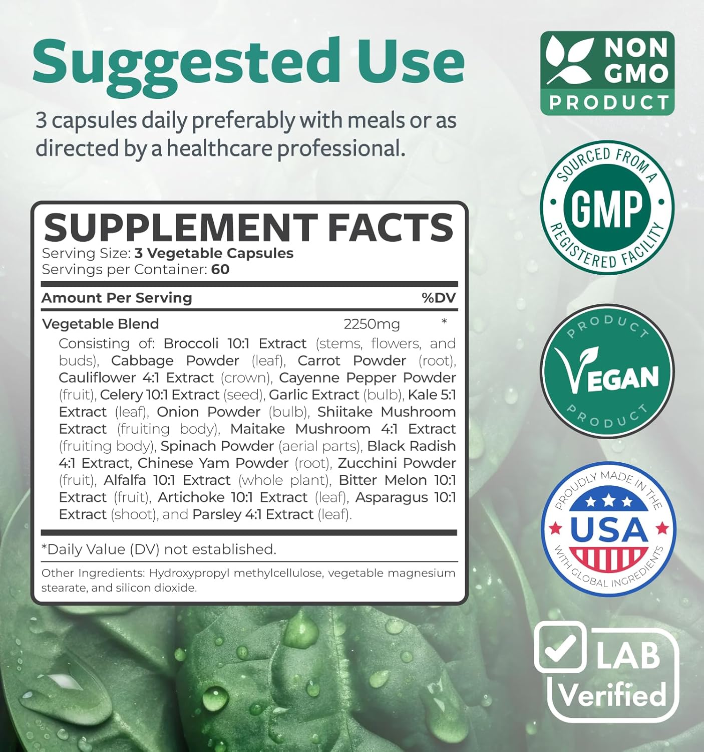 2250mg Super Greens Antioxidant Superfood Supplement - 20 Ingredients with Sprouts, Mushrooms, Roots, Garlic - Non GMO - 180 Capsules