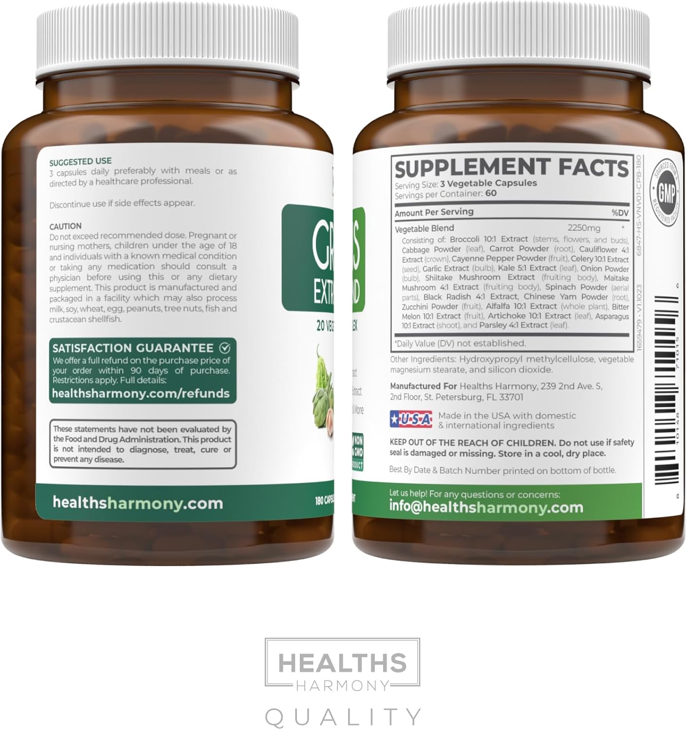 2250mg Super Greens Antioxidant Superfood Supplement - 20 Ingredients with Sprouts, Mushrooms, Roots, Garlic - Non GMO - 180 Capsules
