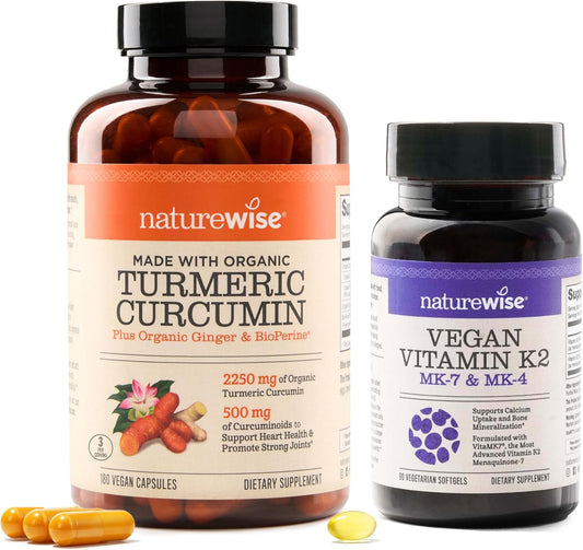 2250mg Turmeric Curcumin with BioPerine, Vegan Vitamin K2 MK-7, and MK4 - 180 Count & 90 Softgels by NatureWise