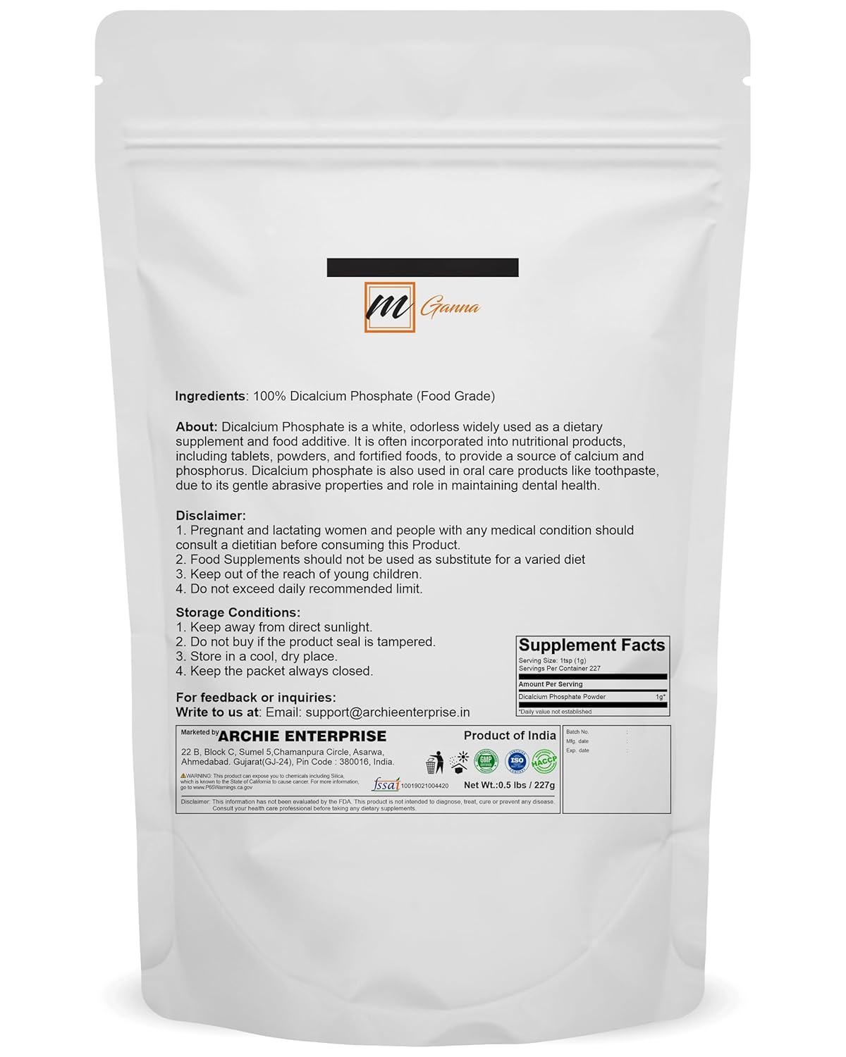 227g mGanna Dicalcium Phosphate for Food & Cosmetics - High-Quality Ingredient - BoostGo Australia