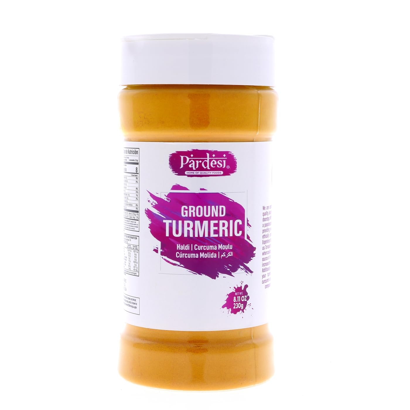 230g Pardesi Turmeric Root Powder in Easy-to-Store Jar with Shaker - 100% Pure Curcumin Ground, Indian Origin, Non-GMO - Vegan & Gluten Friendly