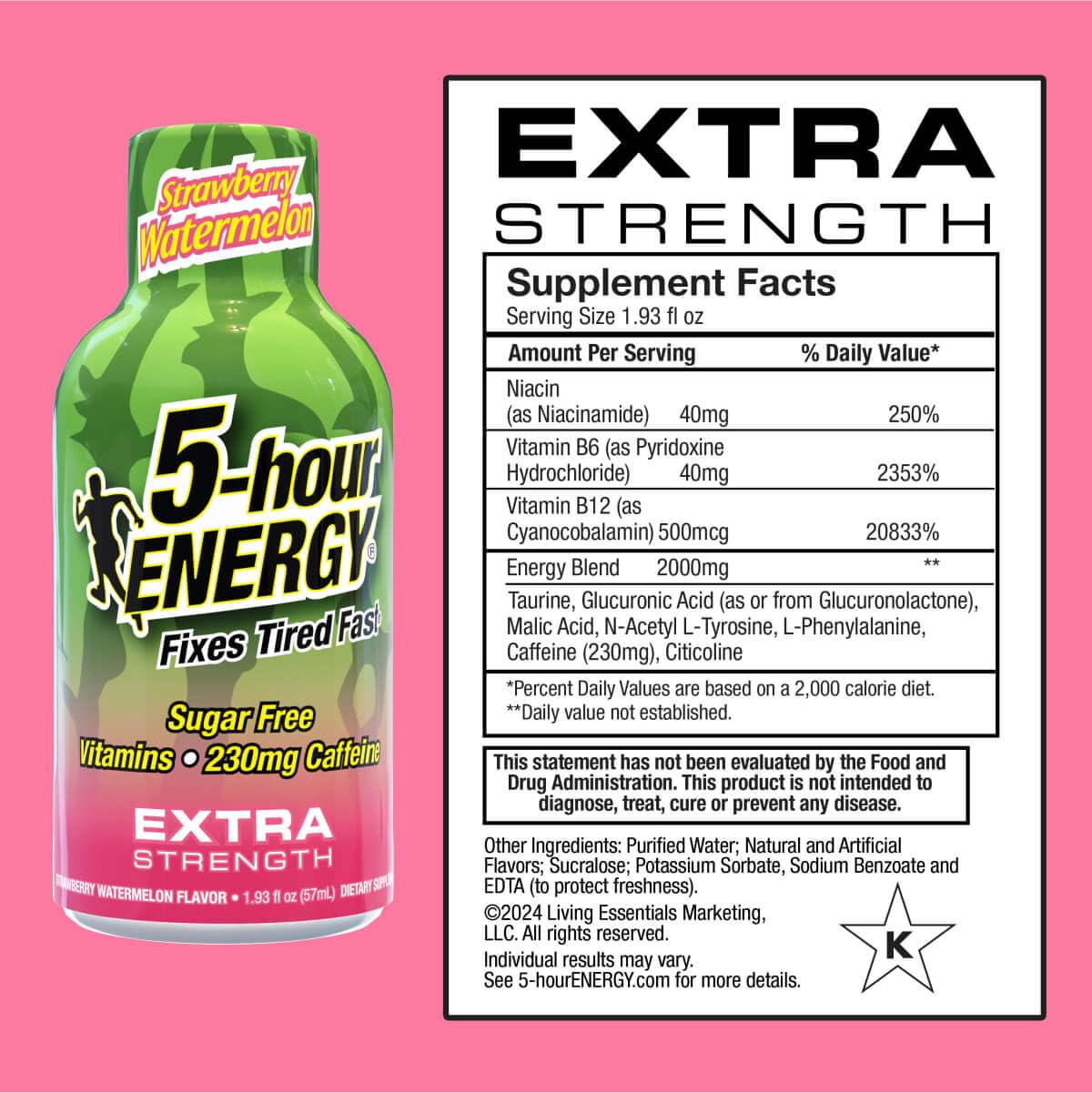 24-Pack 5-Hour Energy Extra Strength Shots in Strawberry Watermelon Flavor - 1.93 Fl Oz Shots