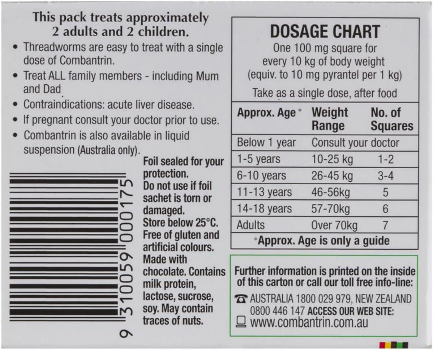 24-Pack Combantrin Chocolate Squares for Parasite & Pinworm Cleanse - Family-Friendly Solution from Australia