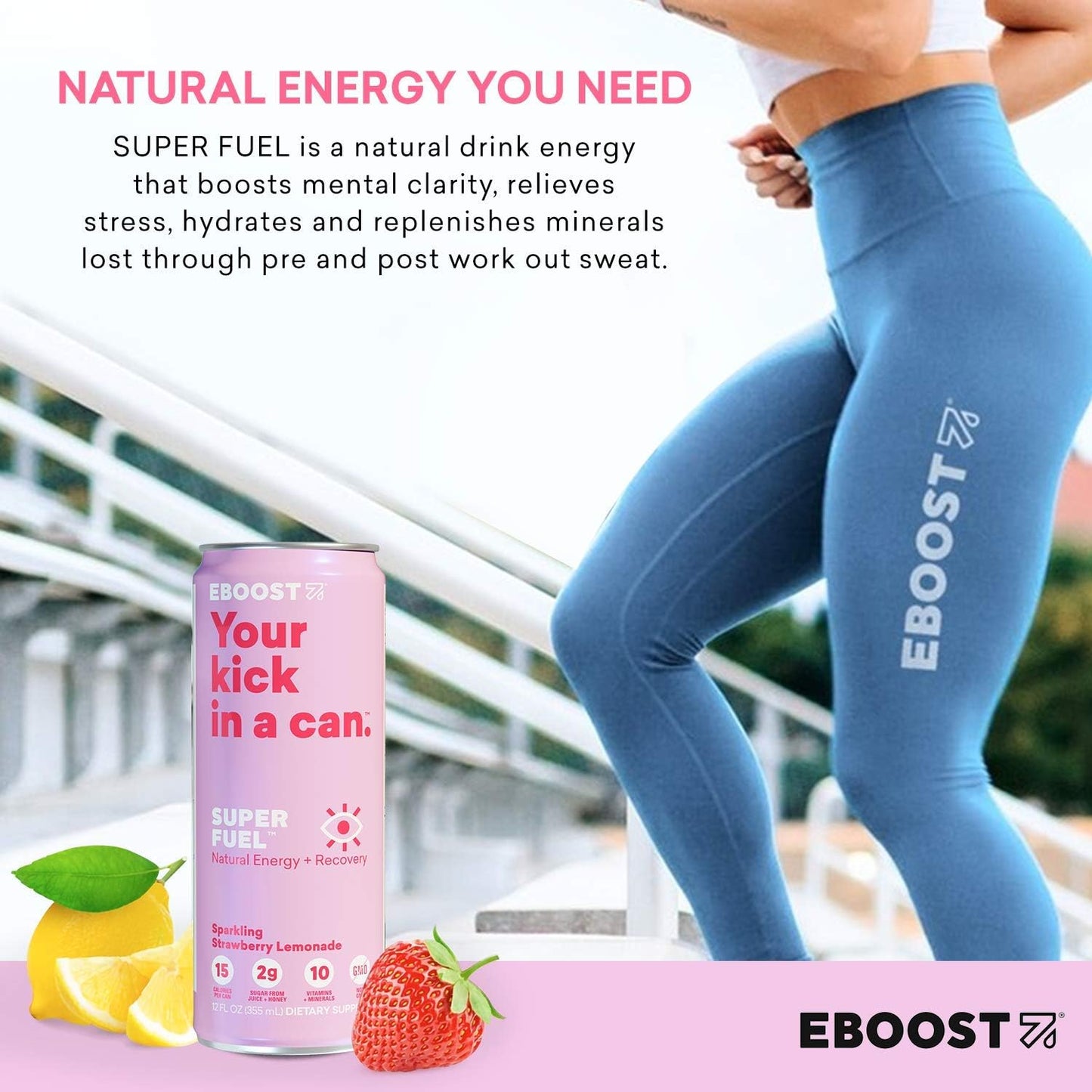 24 Pack Eboost Natural Nootropic Vitamin Keto Super Fuel Energy Drink - Strawberry Lemonade Flavor - 12 Fl oz