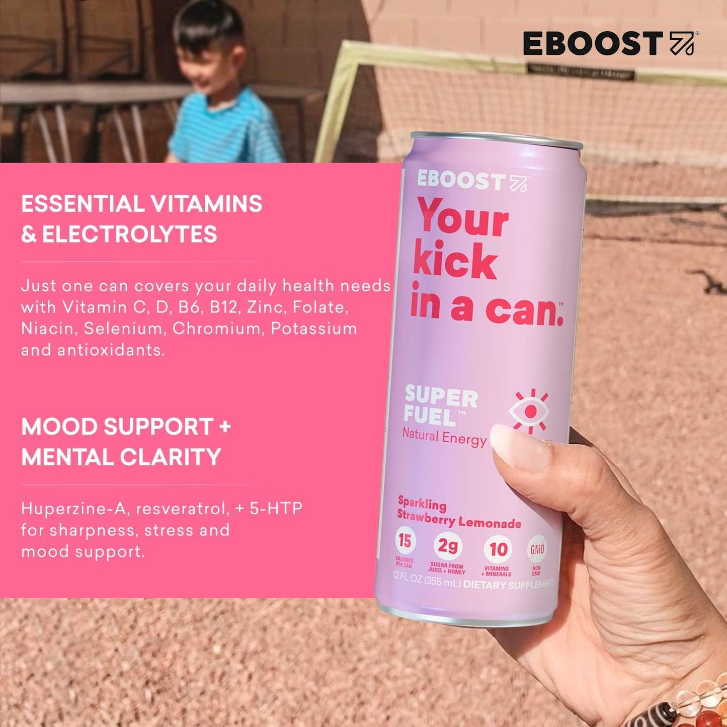 24 Pack Eboost Natural Nootropic Vitamin Keto Super Fuel Energy Drink - Strawberry Lemonade Flavor - 12 Fl oz