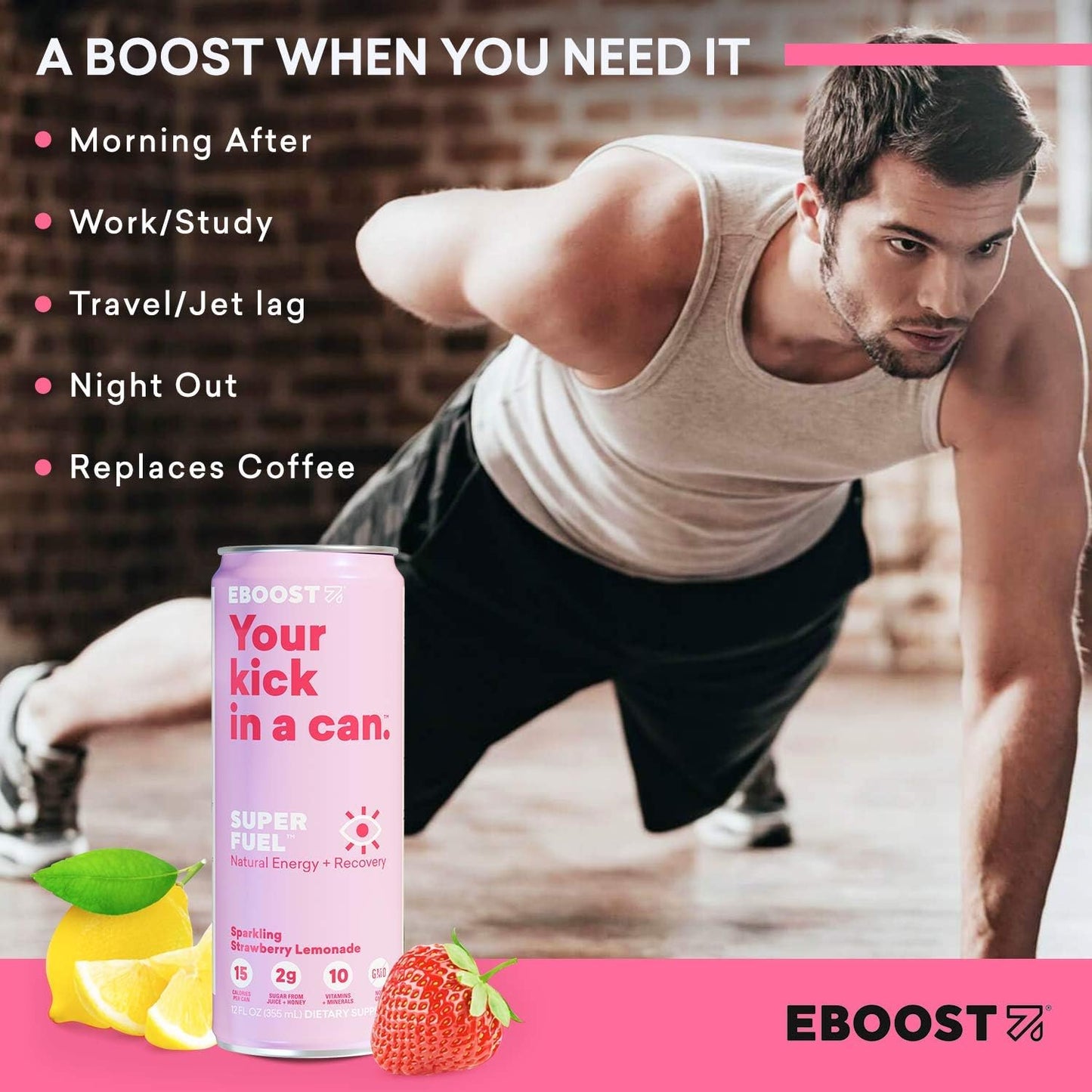 24 Pack Eboost Natural Nootropic Vitamin Keto Super Fuel Energy Drink - Strawberry Lemonade Flavor - 12 Fl oz