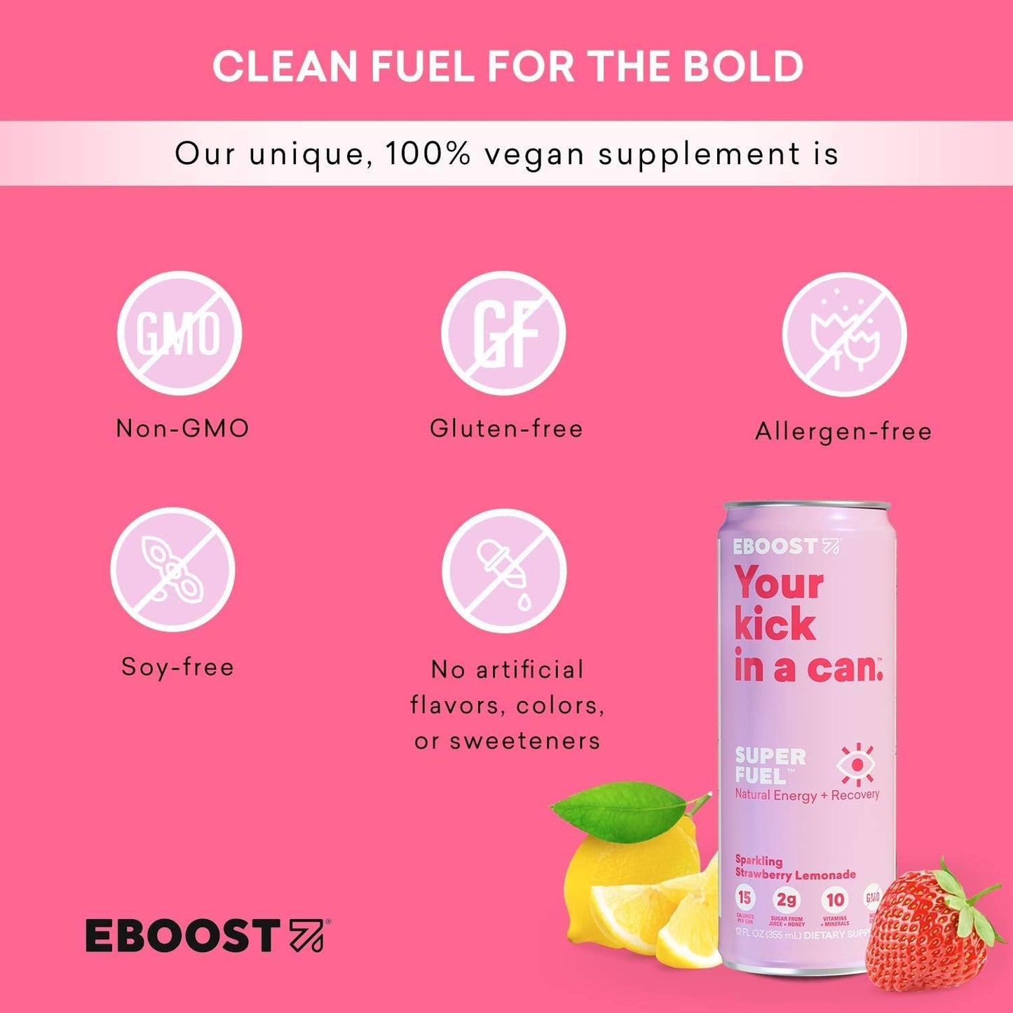 24 Pack Eboost Natural Nootropic Vitamin Keto Super Fuel Energy Drink - Strawberry Lemonade Flavor - 12 Fl oz