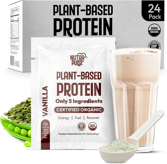 24-Pack NUTRAPULSE Organic Vegan Protein Powder Samples - Plant-Based, Gluten-Free, Non-GMO, 20g Protein/Serving - Vanilla Flavor
