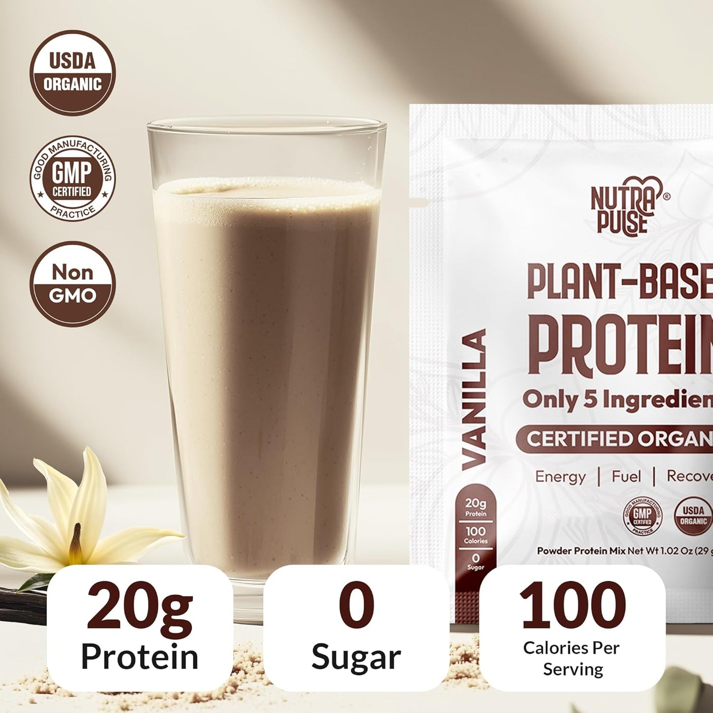 24-Pack NUTRAPULSE Organic Vegan Protein Powder Samples - Plant-Based, Gluten-Free, Non-GMO, 20g Protein/Serving - Vanilla Flavor