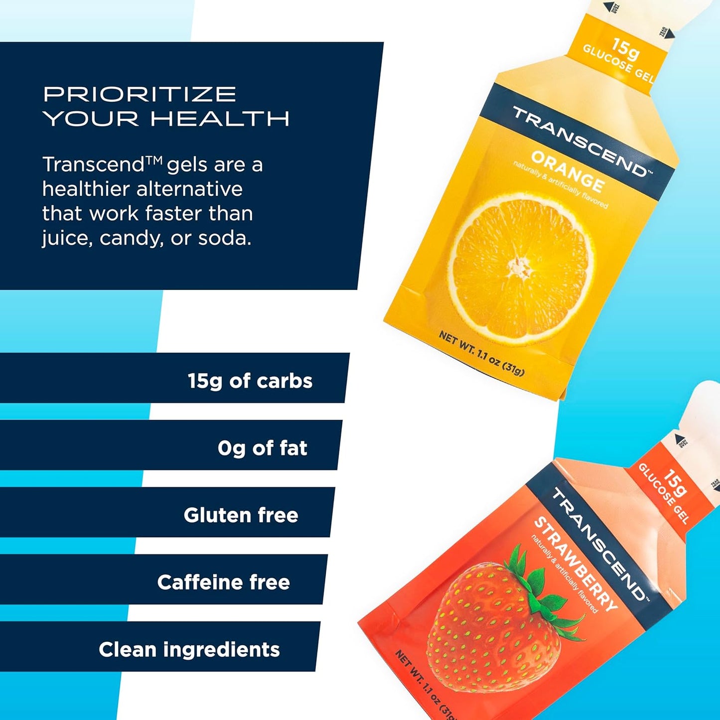 24 Pack of Transcend Foods Strawberry + Orange Fast-Acting Carb Gels, 1.1 oz Each - Caffeine Free, Gluten Free Strawberry and Orange Flavor - BoostGo Australia