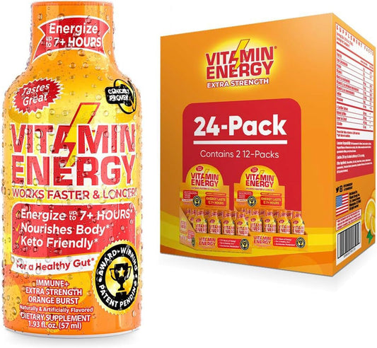 24-Pack Vitamin Energy Extra Strength Orange Burst Energy Drink Shots - Immunity Formula, Natural Nutrients, Sugar & Carb-Free, Up to 7 Hours of Energy