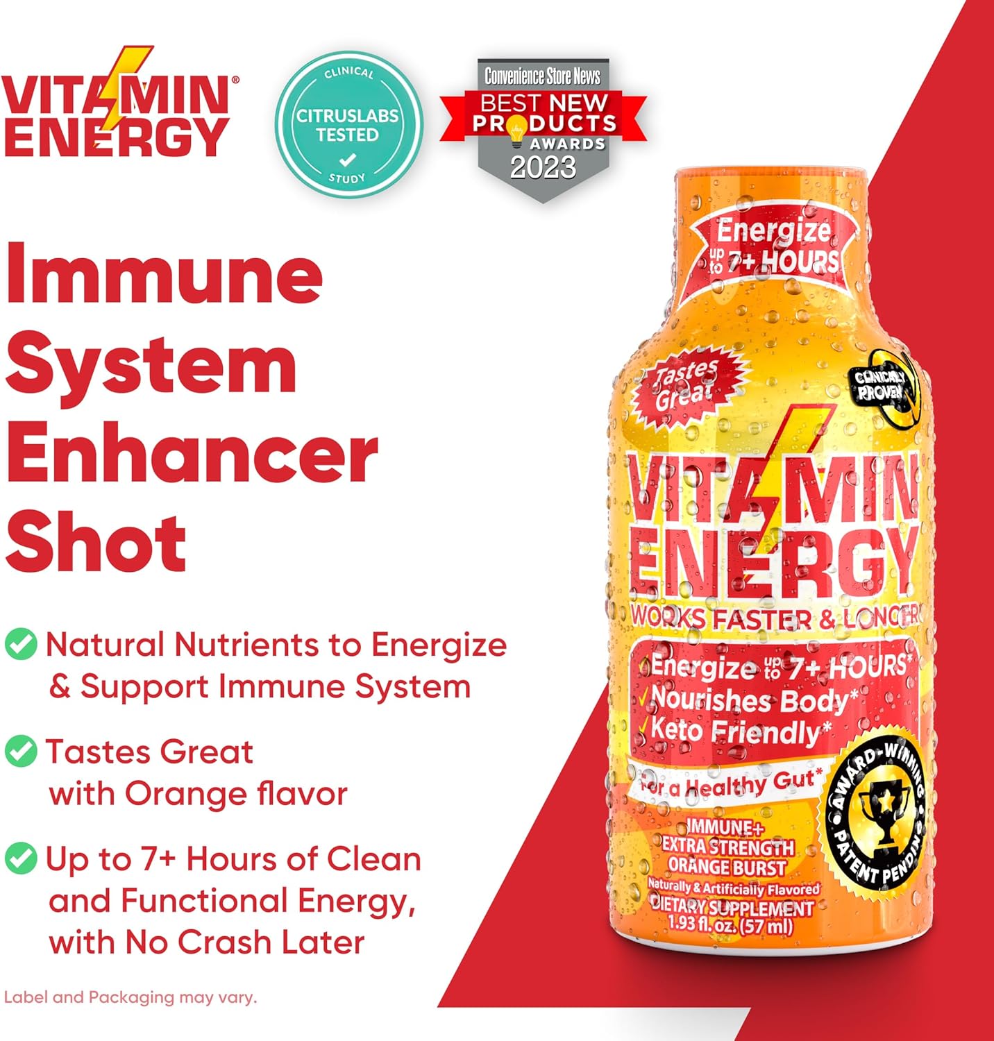 24-Pack Vitamin Energy Extra Strength Orange Burst Energy Drink Shots - Immunity Formula, Natural Nutrients, Sugar & Carb-Free, Up to 7 Hours of Energy