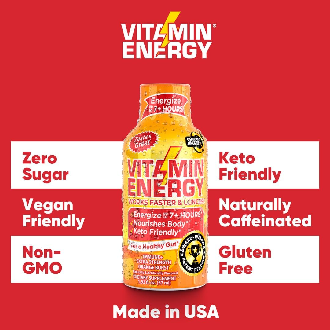 24-Pack Vitamin Energy Extra Strength Orange Burst Energy Drink Shots - Immunity Formula, Natural Nutrients, Sugar & Carb-Free, Up to 7 Hours of Energy