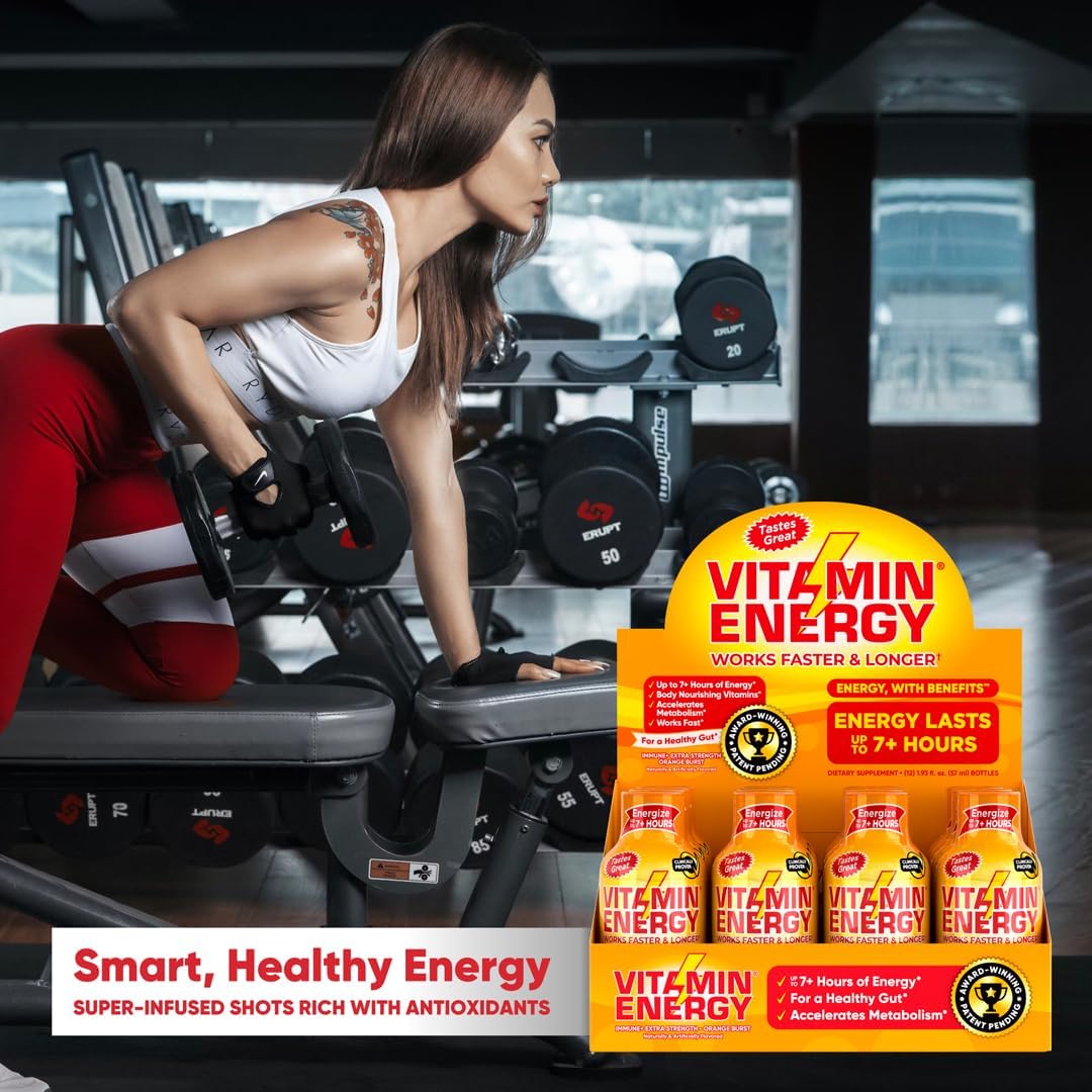 24-Pack Vitamin Energy Extra Strength Orange Burst Energy Drink Shots - Immunity Formula, Natural Nutrients, Sugar & Carb-Free, Up to 7 Hours of Energy