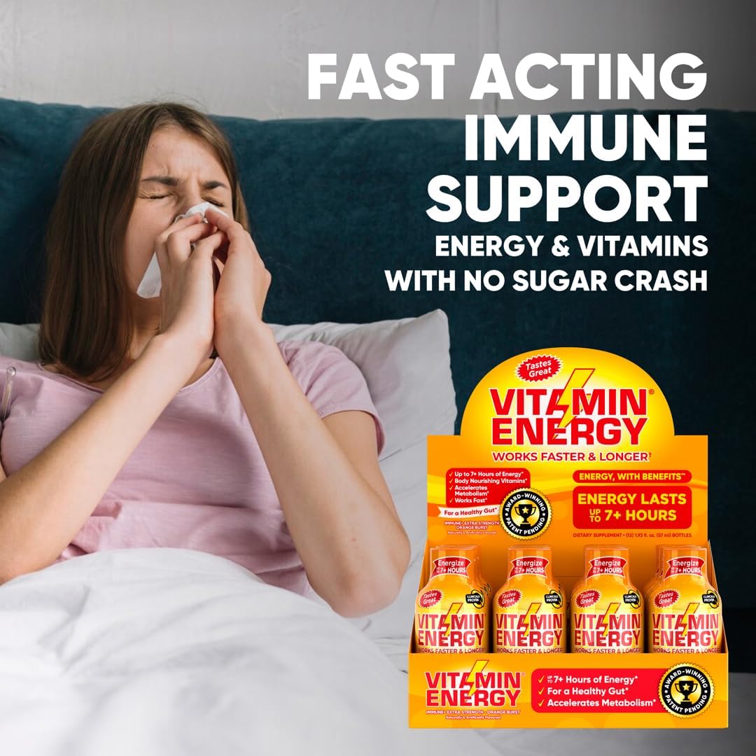 24-Pack Vitamin Energy Extra Strength Orange Burst Energy Drink Shots - Immunity Formula, Natural Nutrients, Sugar & Carb-Free, Up to 7 Hours of Energy