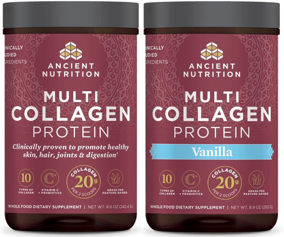 24 Servings Ancient Nutrition Multi Collagen Protein Powder Bundle - Unflavored and Vanilla Flavors