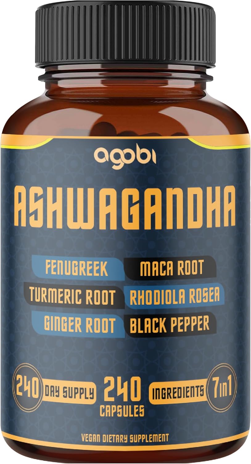 240 Capsules of 7in1 Ashwagandha Supplement for Mood, Strength, and Energy Support - 8 Month Supply with Fenugreek, Maca, Turmeric, Rhodiola, Ginger, and Black Pepper