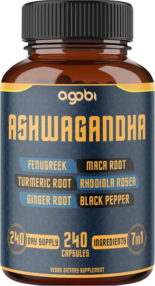 240 Capsules of 7in1 Ashwagandha Supplement for Mood, Strength, and Energy Support - 8 Month Supply with Fenugreek, Maca, Turmeric, Rhodiola, Ginger, and Black Pepper