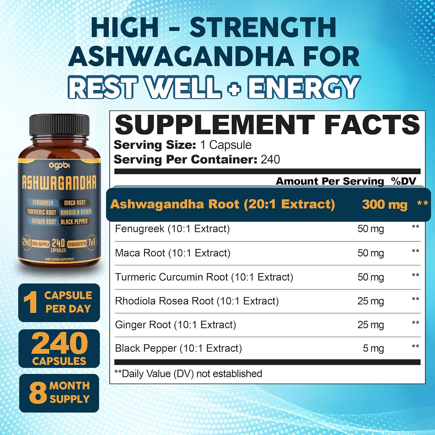 240 Capsules of 7in1 Ashwagandha Supplement for Mood, Strength, and Energy Support - 8 Month Supply with Fenugreek, Maca, Turmeric, Rhodiola, Ginger, and Black Pepper