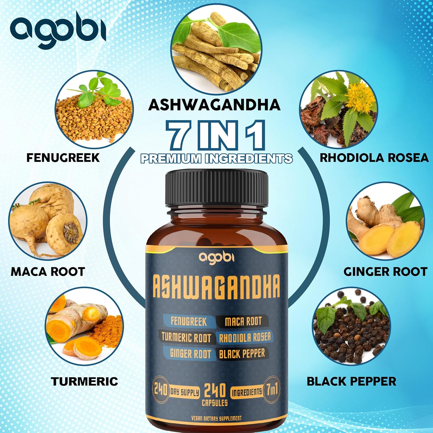 240 Capsules of 7in1 Ashwagandha Supplement for Mood, Strength, and Energy Support - 8 Month Supply with Fenugreek, Maca, Turmeric, Rhodiola, Ginger, and Black Pepper