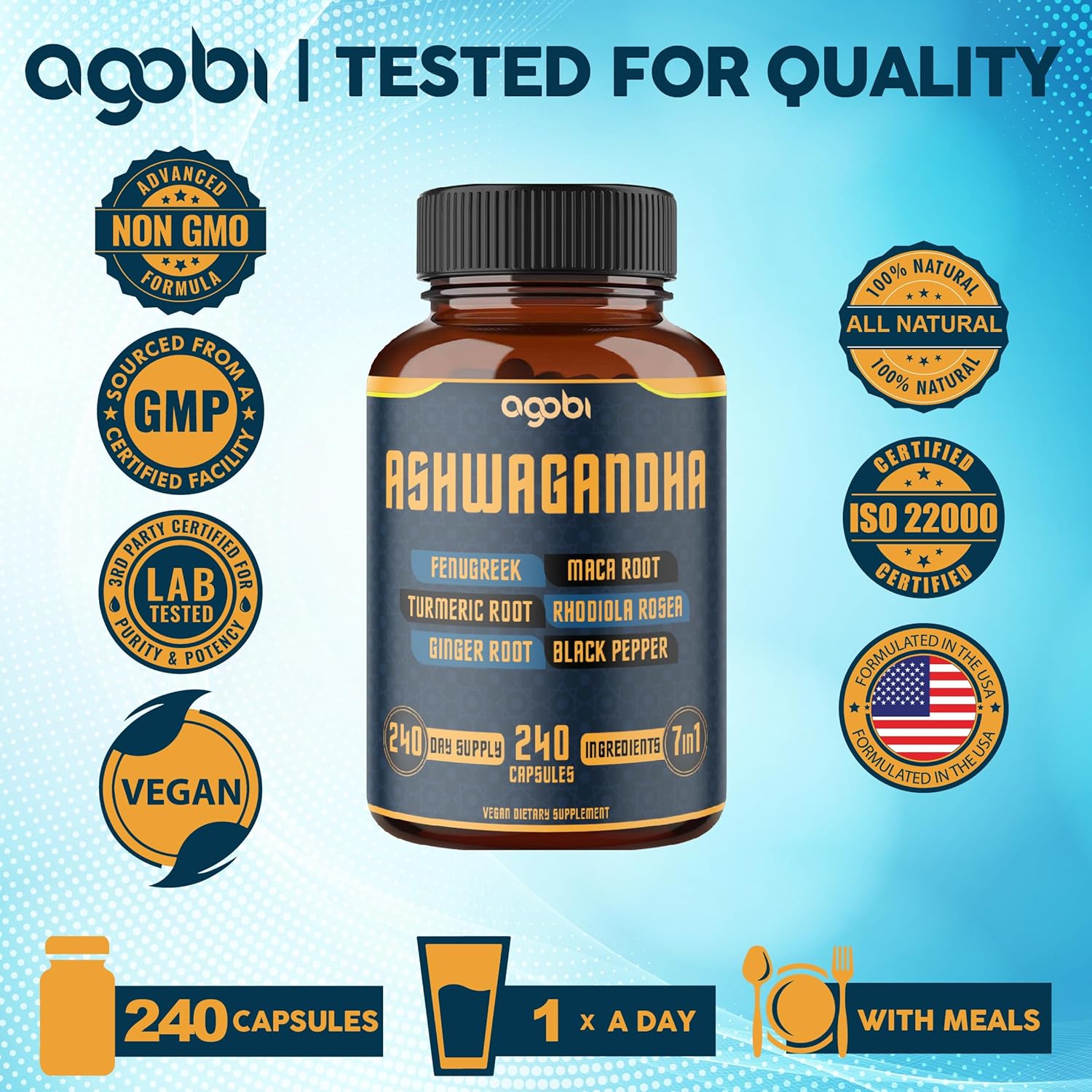 240 Capsules of 7in1 Ashwagandha Supplement for Mood, Strength, and Energy Support - 8 Month Supply with Fenugreek, Maca, Turmeric, Rhodiola, Ginger, and Black Pepper