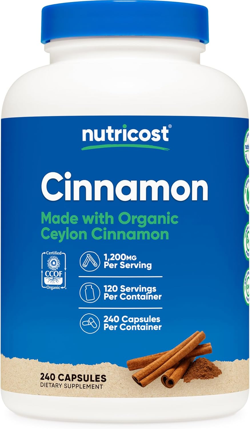 240 Capsules of Nutricost Cinnamon with 1200mg per Serving - Gluten-Free Dietary Supplement