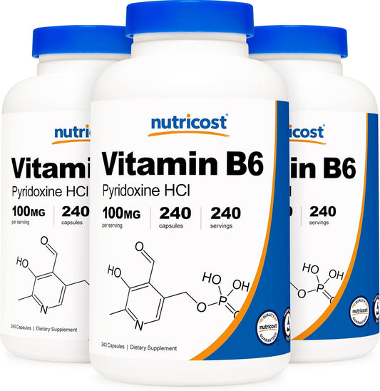240 Capsules of Nutricost Vitamin B6 (Pyridoxine HCl) 100mg - Pack of 3 Bottles - BoostGo Australia