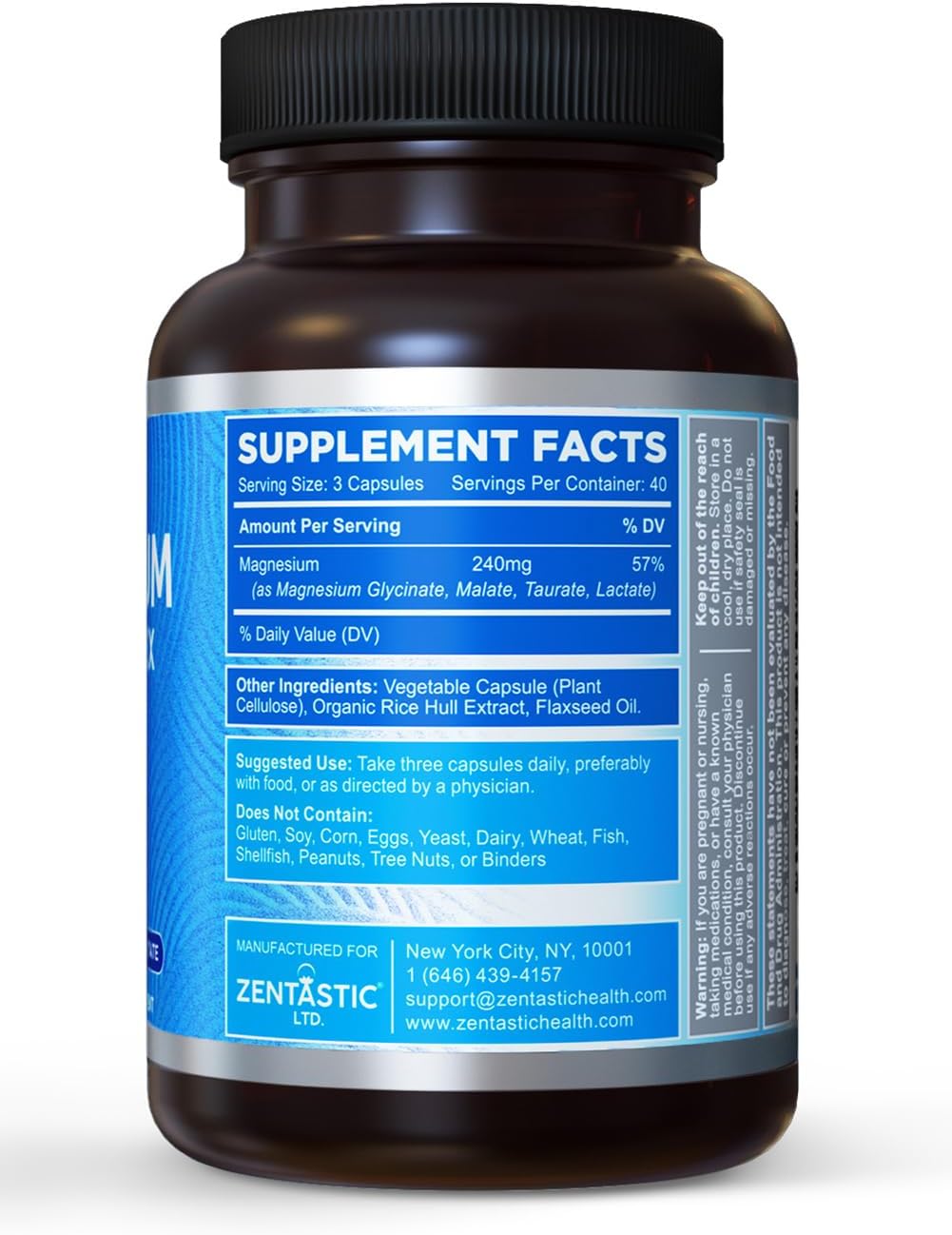 240 Capsules of Zentastic Chelated Magnesium Complex - Glycinate, Malate, Taurate & Lactate - Bone and Muscle Support