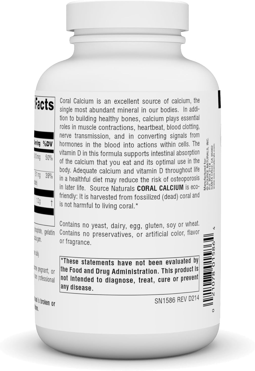 240 Capsules Source Naturals Coral Calcium Supplement 600mg - Bone Health & pH Balance Support