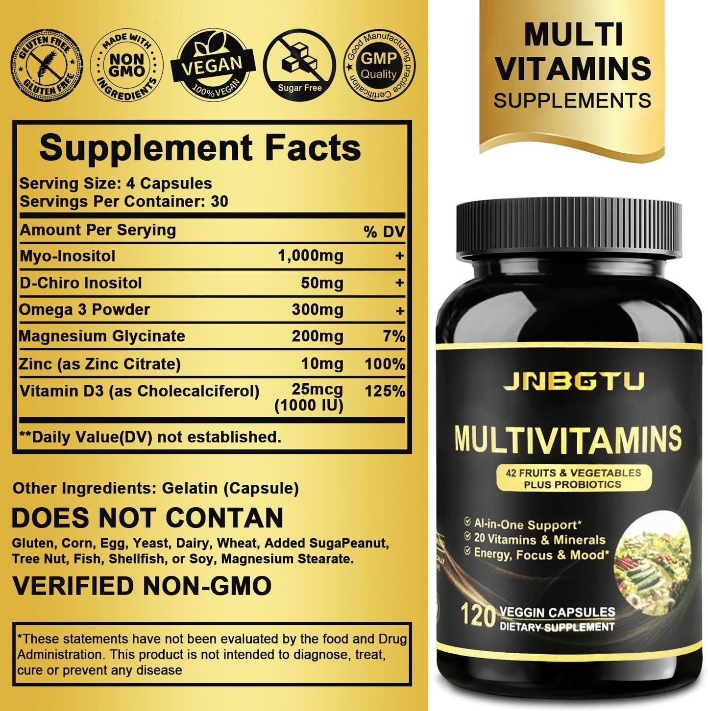 240 Count JNBGTU Myo-Inositol, Magnesium Glycinate, D-Chiro Inositol, Omega-3, Zinc, Vitamin D3 Multivitamin/Multimineral Supplement