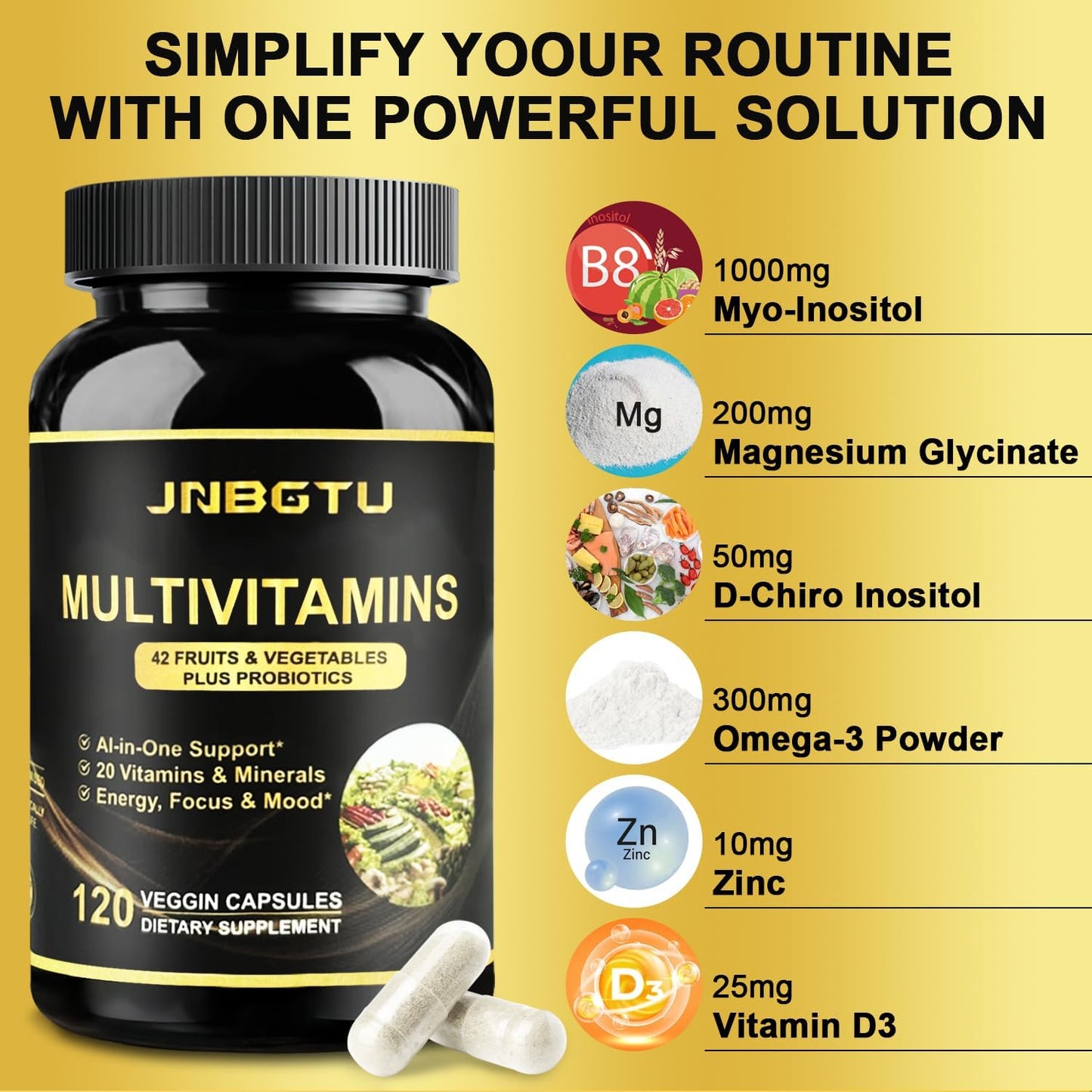 240 Count JNBGTU Myo-Inositol, Magnesium Glycinate, D-Chiro Inositol, Omega-3, Zinc, Vitamin D3 Multivitamin/Multimineral Supplement