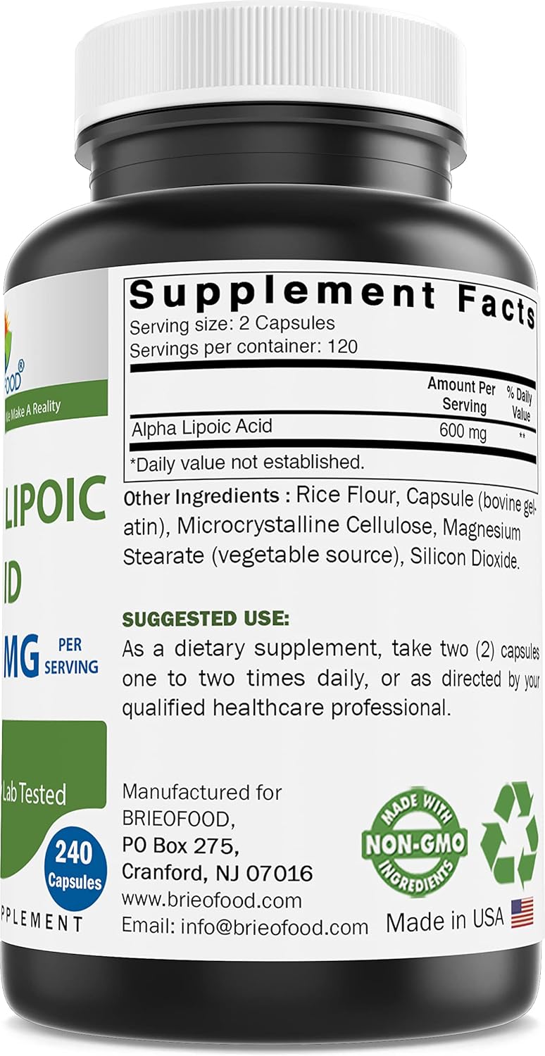 240 Non-GMO, Gluten Free Alpha Lipoic Acid Capsules - 600mg per Serving
