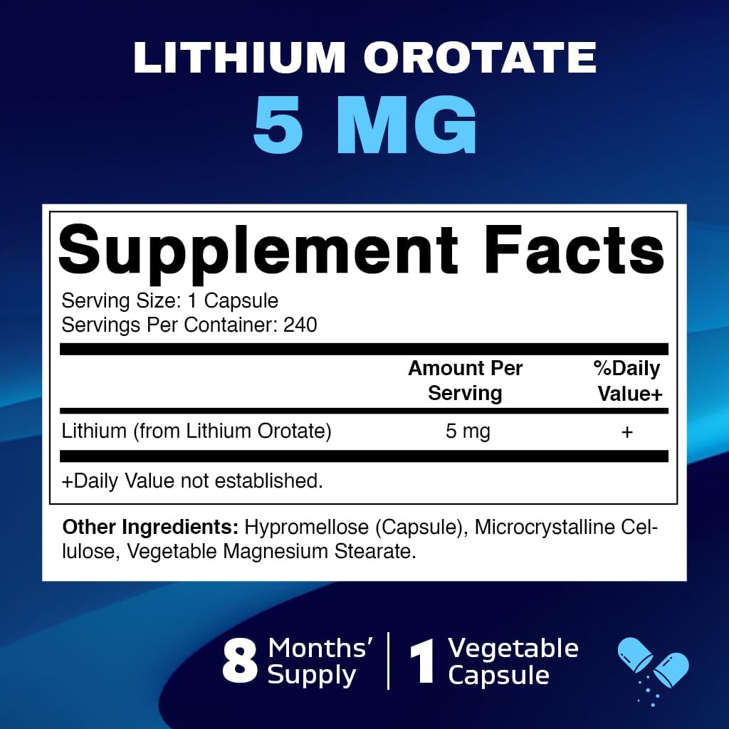 240 Non-GMO, Gluten Free Vitamatic Lithium Orotate 5mg Veggie Capsules