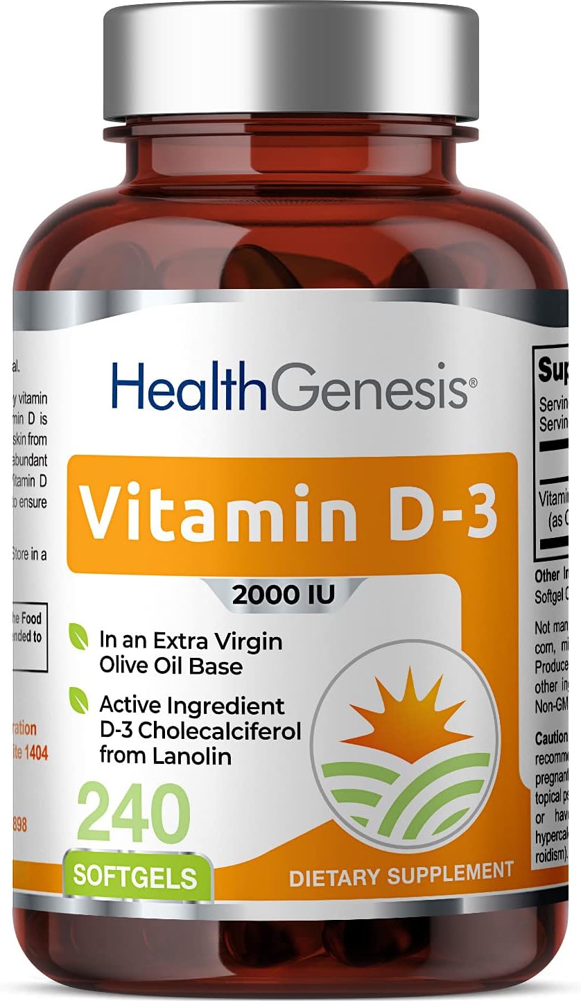240 Softgels of Health Genesis Vitamin D-3 2000 IU with Extra Virgin Olive Oil - Non-GMO and Soy-Free
