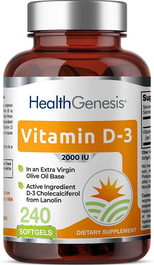 240 Softgels of Health Genesis Vitamin D-3 2000 IU with Extra Virgin Olive Oil - Non-GMO and Soy-Free