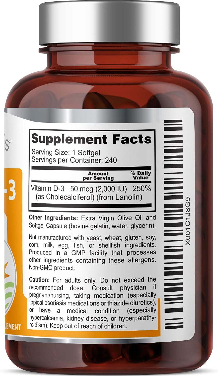 240 Softgels of Health Genesis Vitamin D-3 2000 IU with Extra Virgin Olive Oil - Non-GMO and Soy-Free
